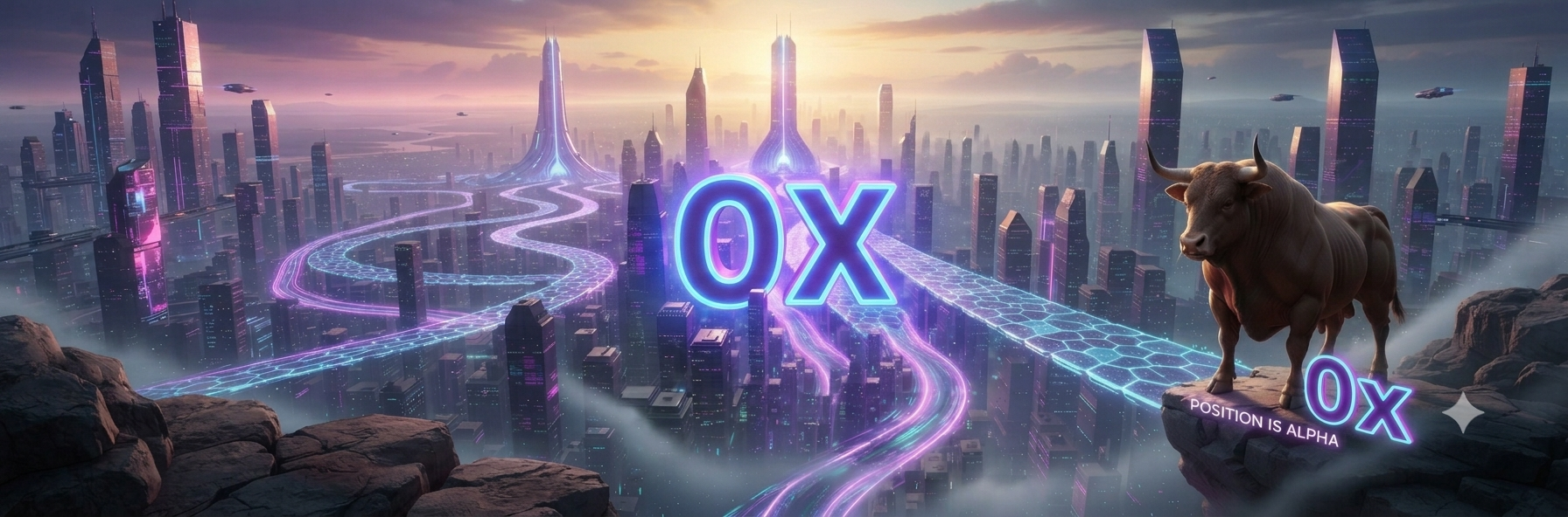 Ox lore — neon city skyline